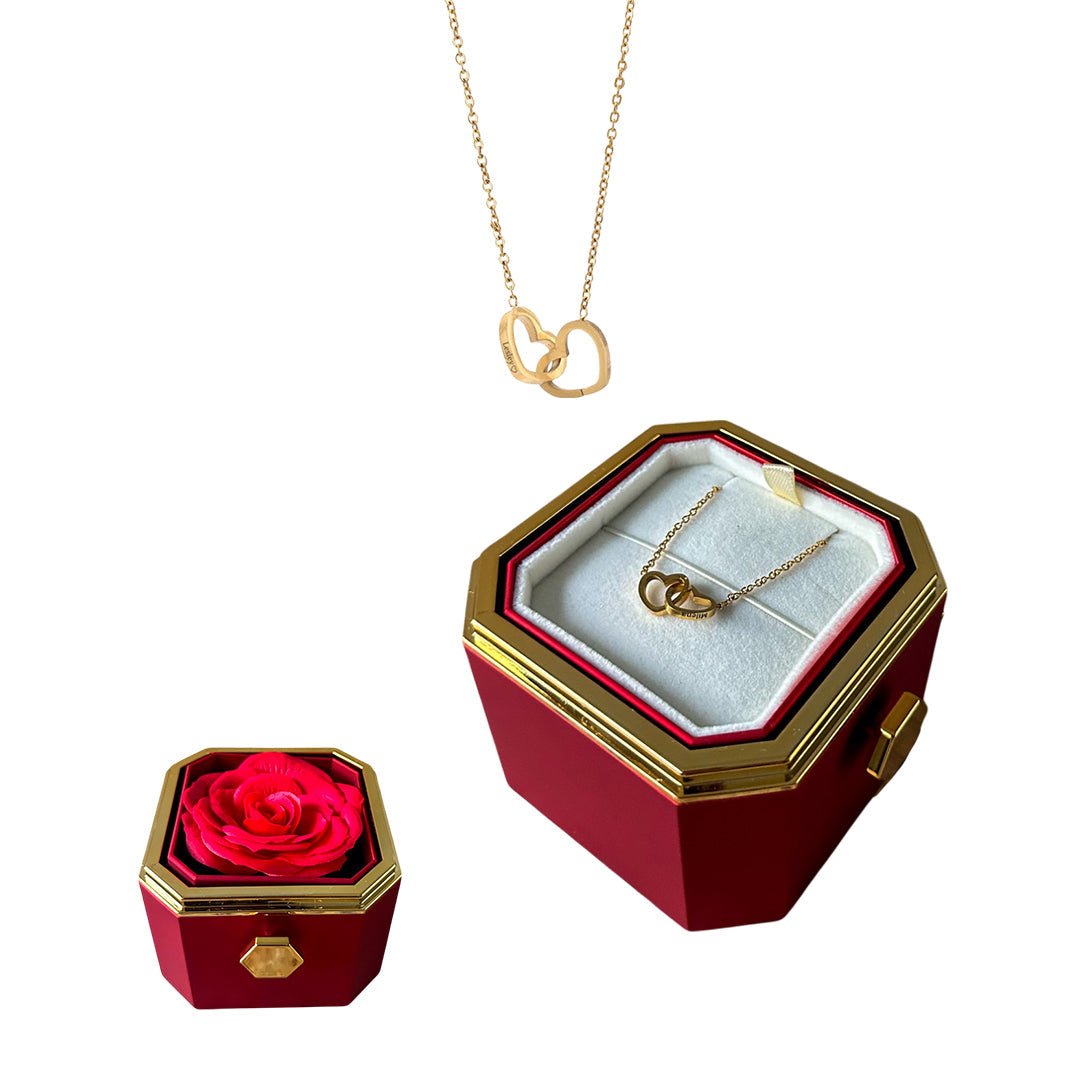 Rotating Box with Eternal Rose & 2 Hearts Necklace
